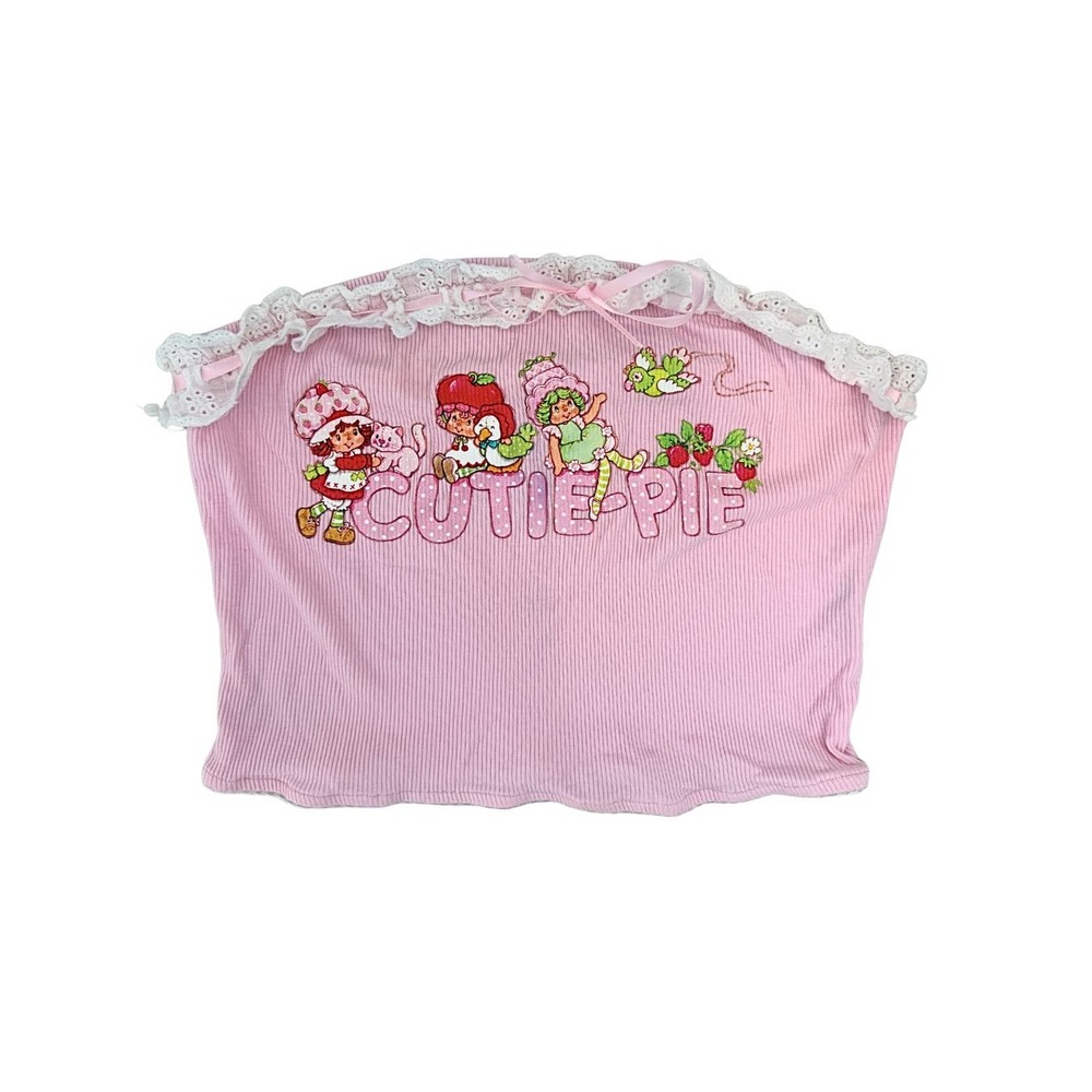 Strawberry Shortcake Pink Ribbed Tube Top Y2K Eyelet Lace Cutie Pie Graphic M